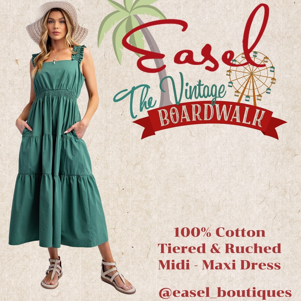 EASEL “Boardwalk” Cotton Tiered Summer Dress Smocked Waist Ruffle Straps Pockets